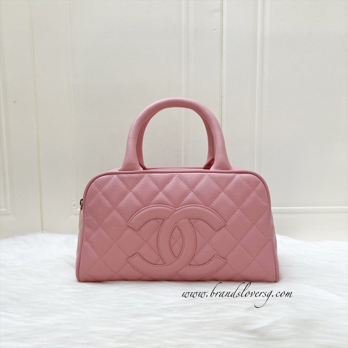 Chanel Mini Boston Bowling Bag in Pink Caviar and Gold Hw