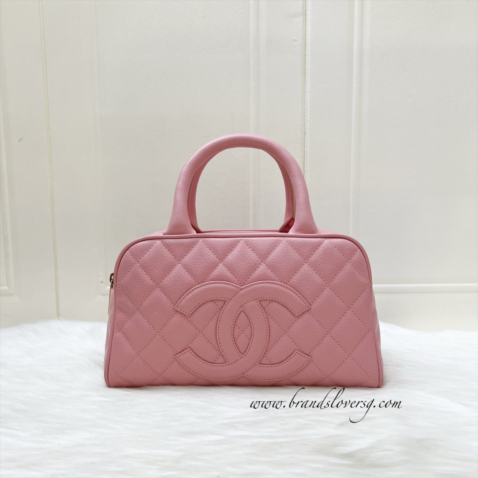 Chanel Mini Boston Bowling Bag in Pink Caviar and Gold Hw