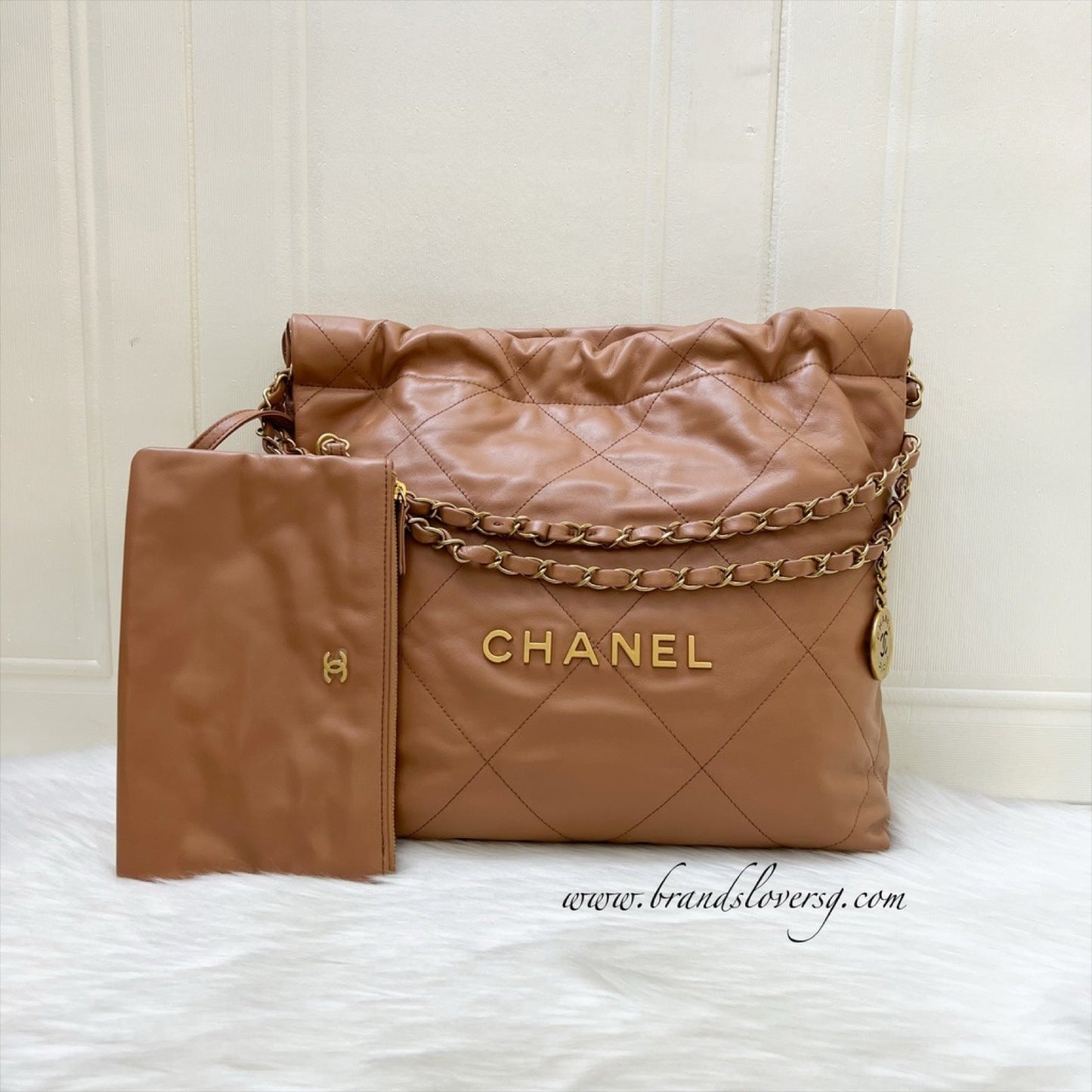 Chanel 22 Small Hobo Handbag In 23C Caramel Shiny Calfskin And Aghw