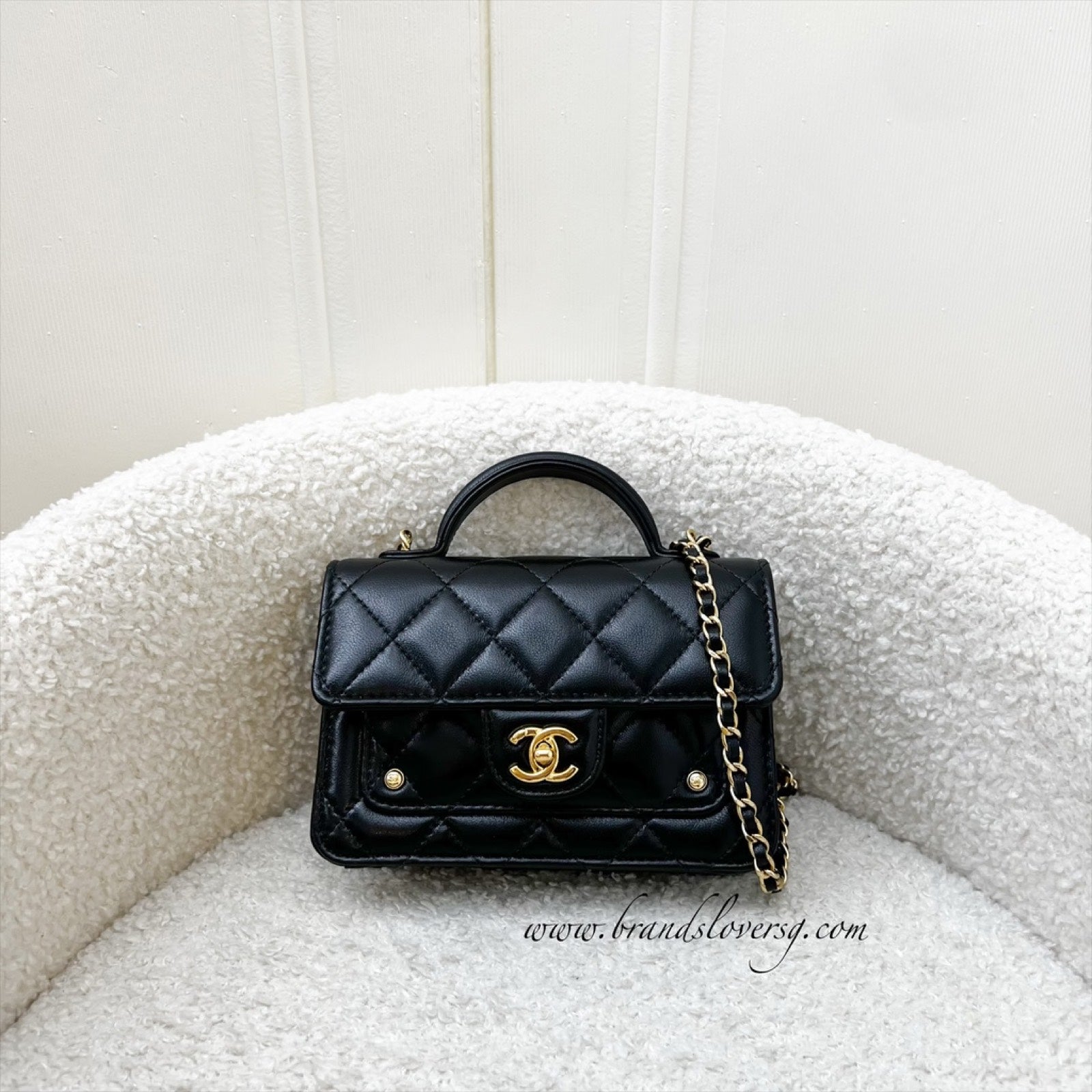 Chanel 25B Mini Clutch on Chain with Top Handle in Black Shiny Lambskin and Aghw