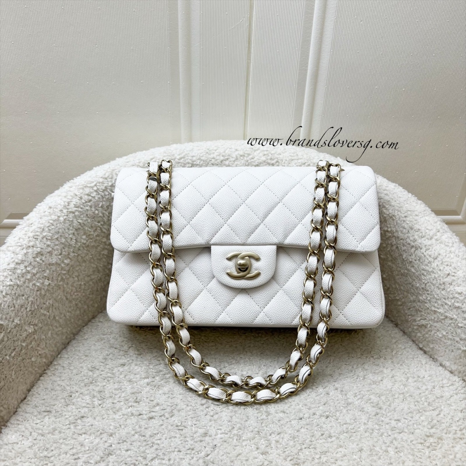 Chanel Small Classic Flap Cf in White Caviar and Lghw Handbag