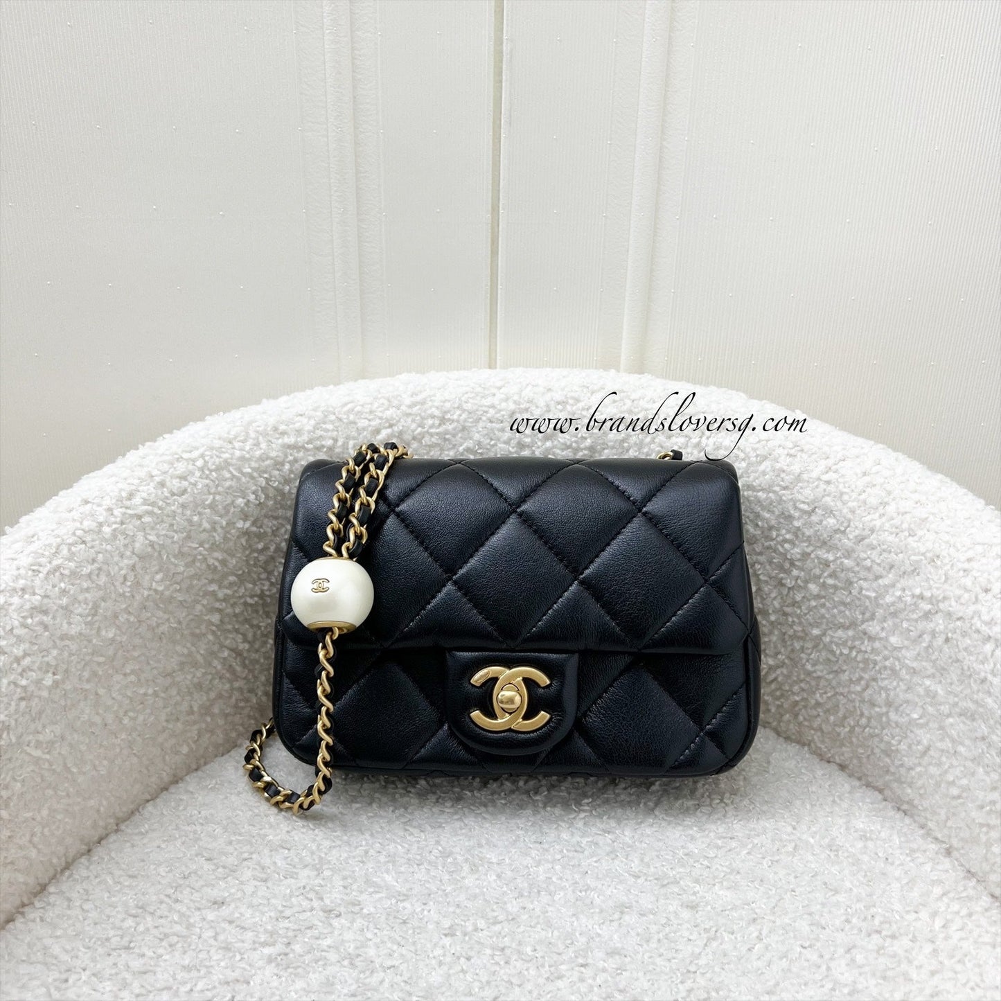 Chanel 24S Adjustable Pearls Chain Mini Flap In Black Lambskin And Aghw Bag