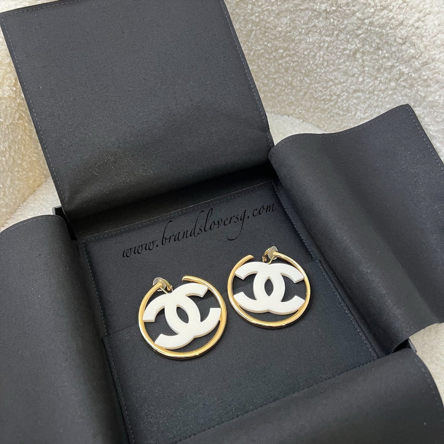 Chanel 24S Large CC Logo Hoop Clip on Earrings with White Enamel in Ghw