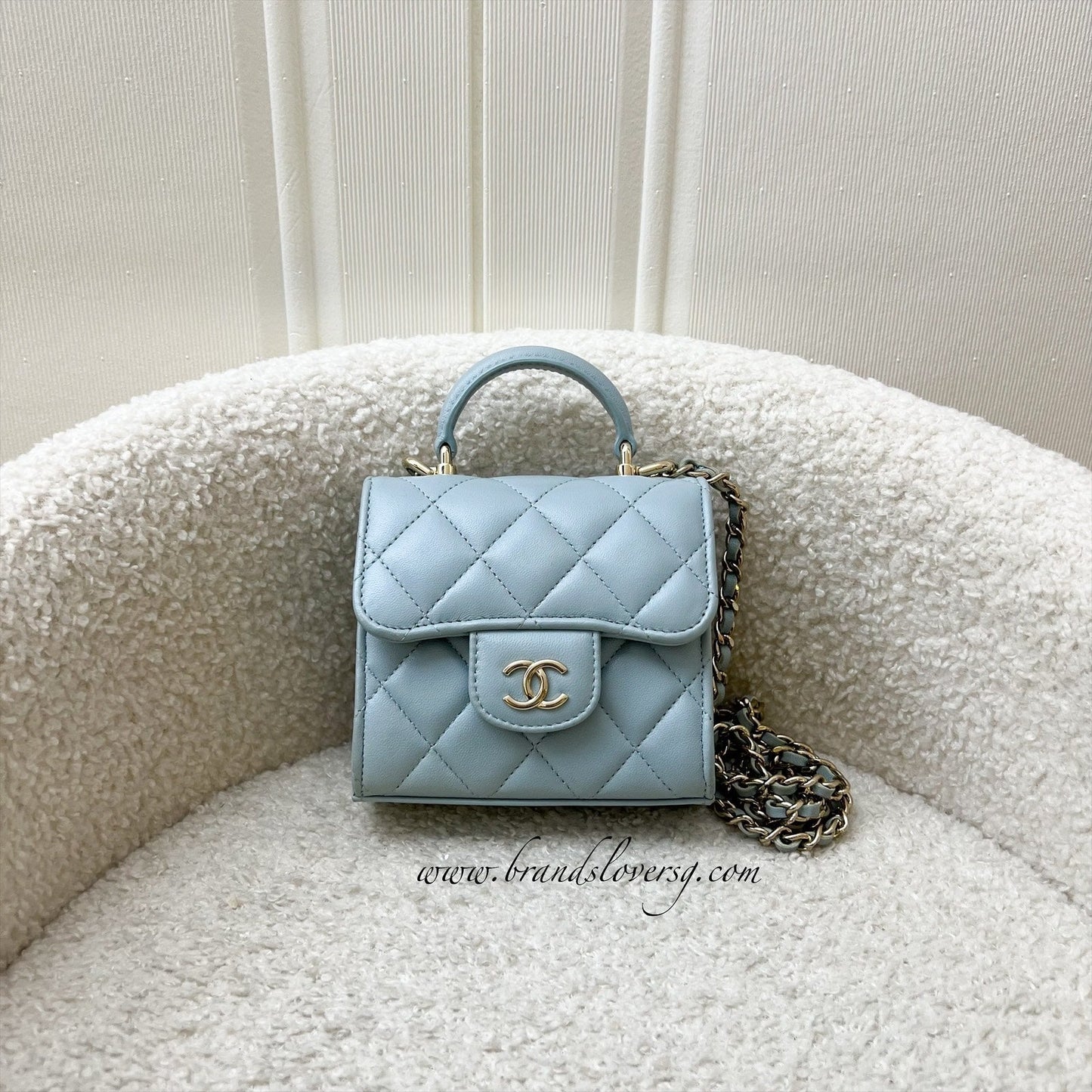 Chanel Top Handle Micro Flap Bag in Light Blue Lambskin Lghw