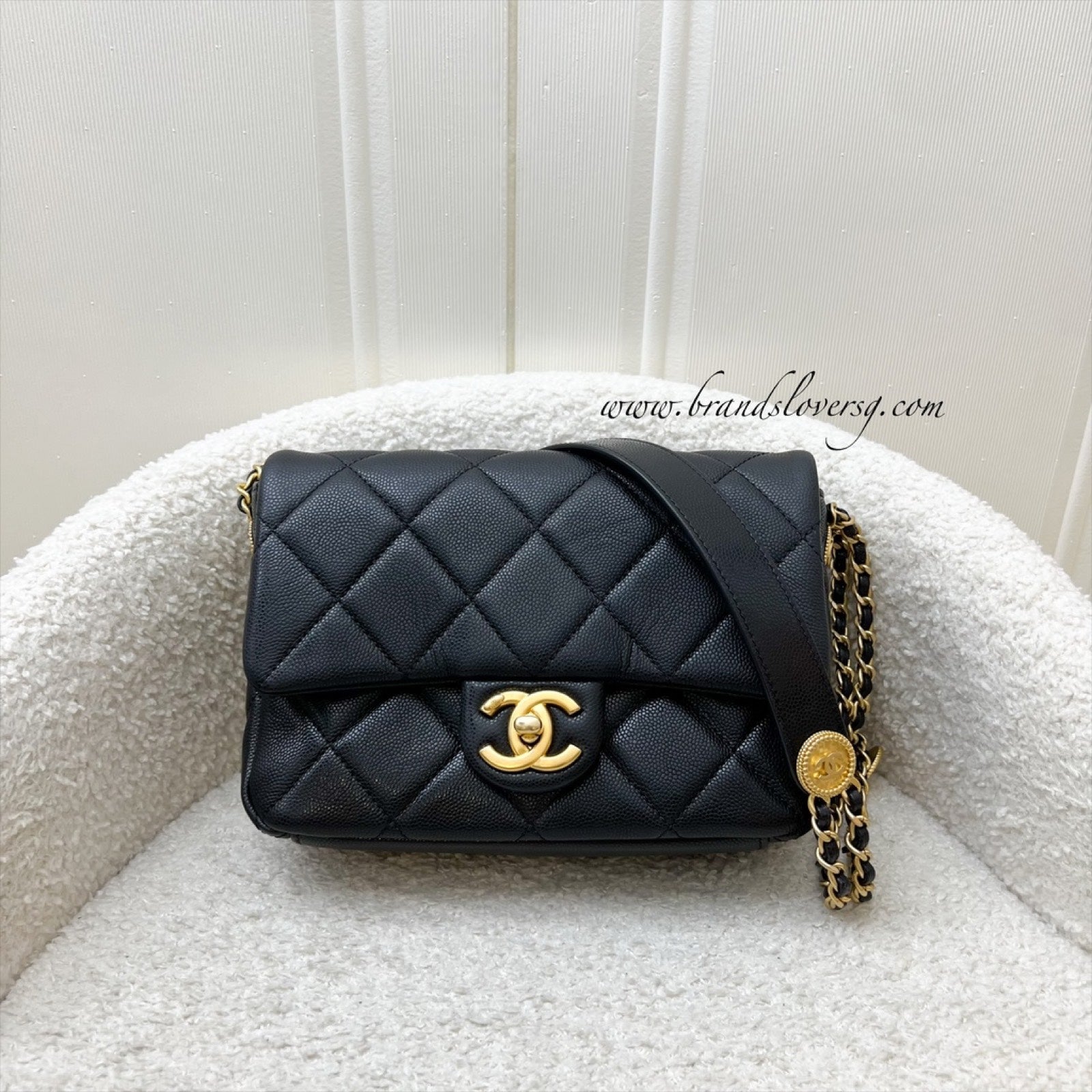 Chanel 22A “Twist Your Buttons” Small Mini Flap In Black Caviar And Aghw ( ) Bag