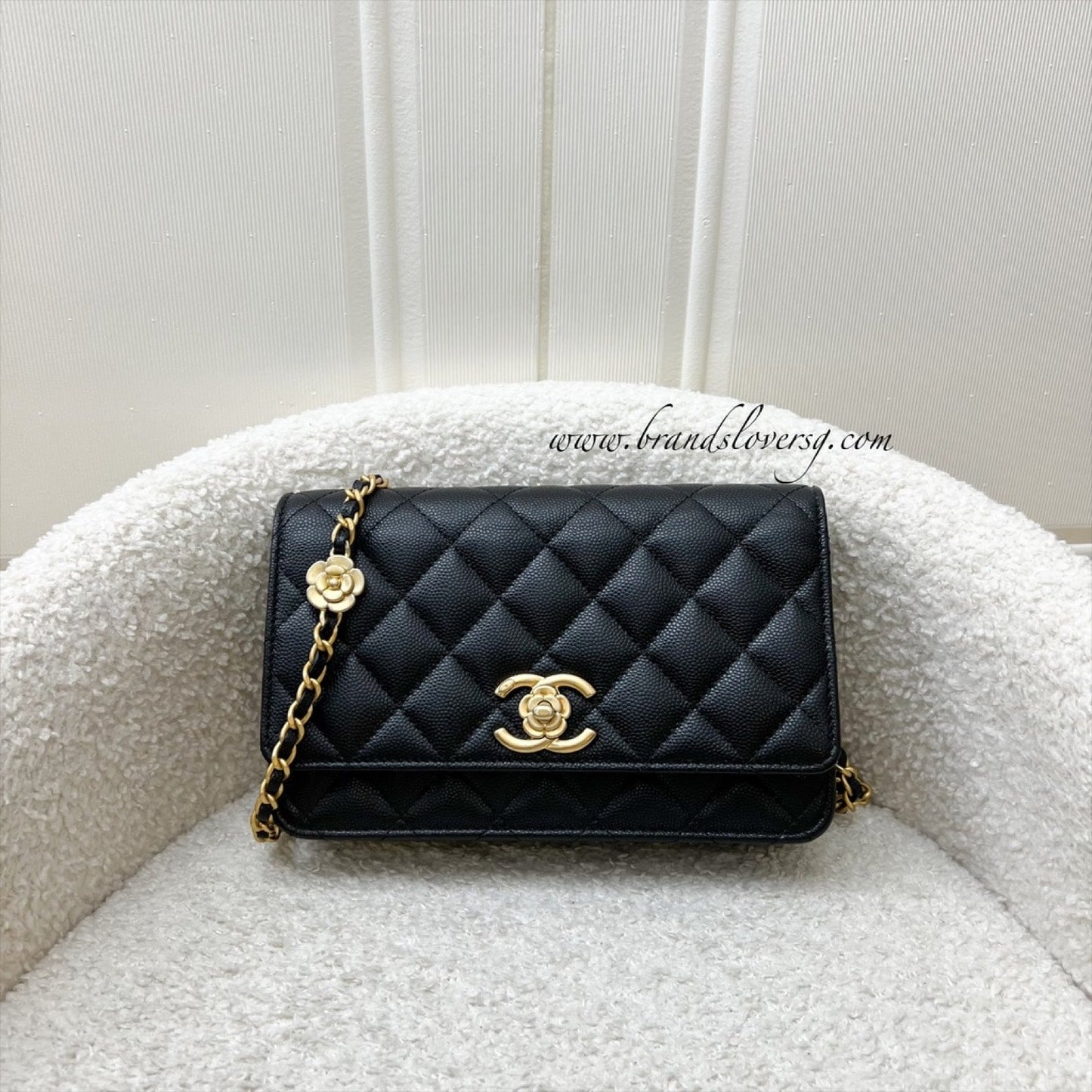 Chanel 23K Camellia Flower Wallet on Chain WOC in Black Caviar and Aghw (AP3580) Handbag