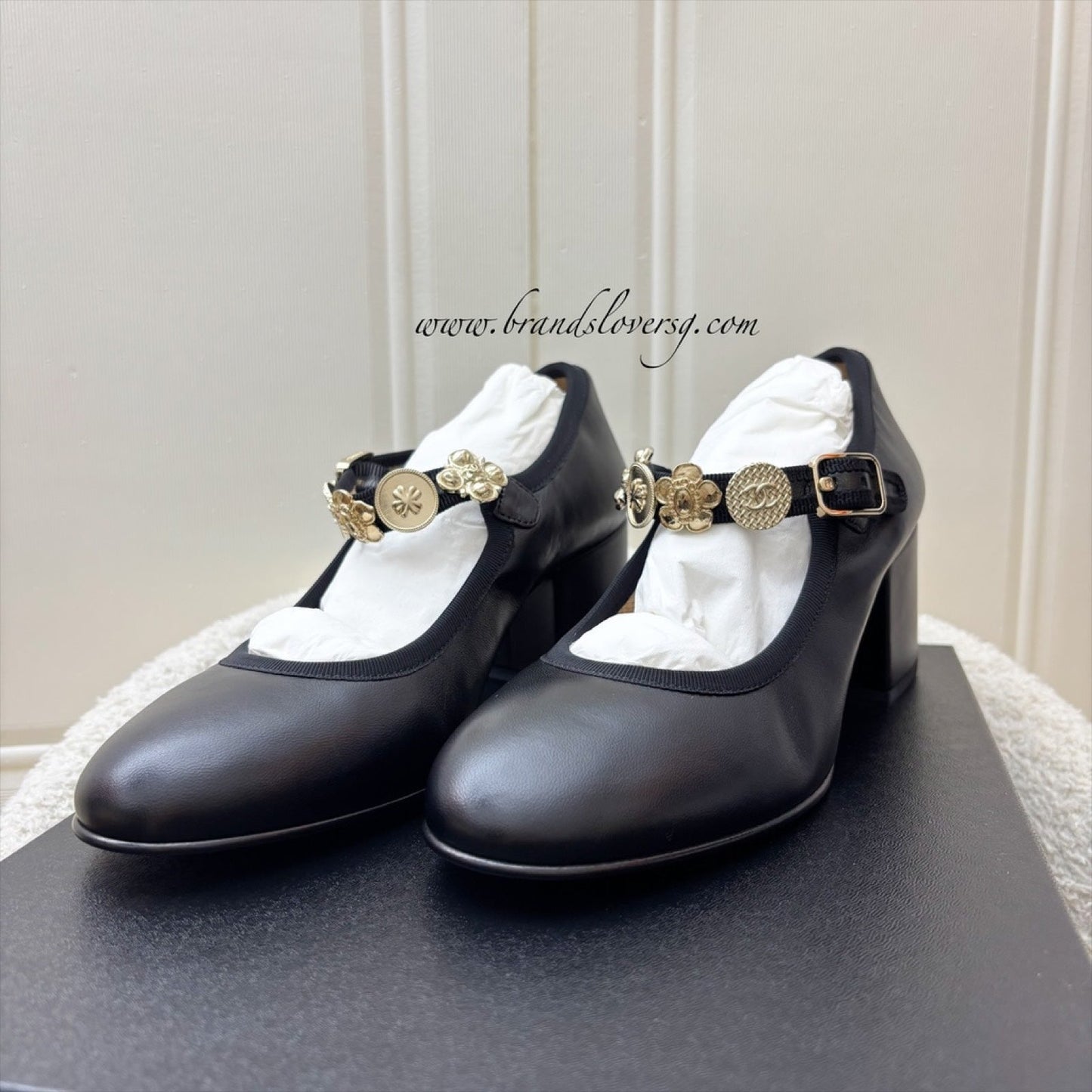 Chanel 24A Mary Janes with Gold Charms and Buckle in Black Lambskin and AGHW Sz 37.5