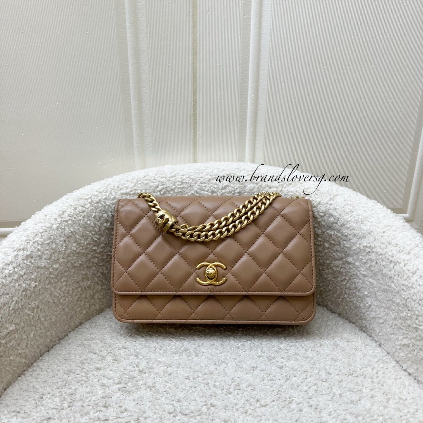 Chanel 22K Wallet on Chain WOC with Adjustable Chain in Dark Beige Lambskin and Aghw ( ) Handbag