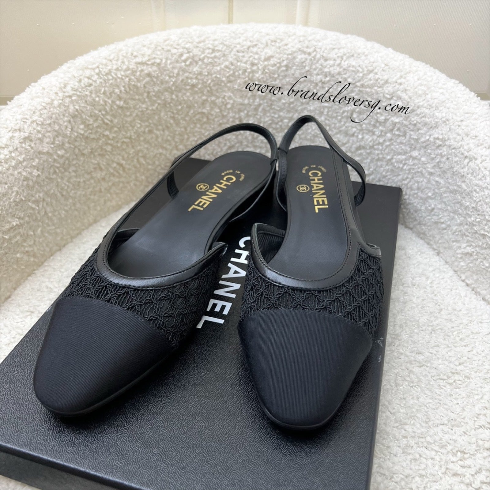 Chanel Slingbacks In Black Leather, Lace And Gosgrain Size 39.5 ( )