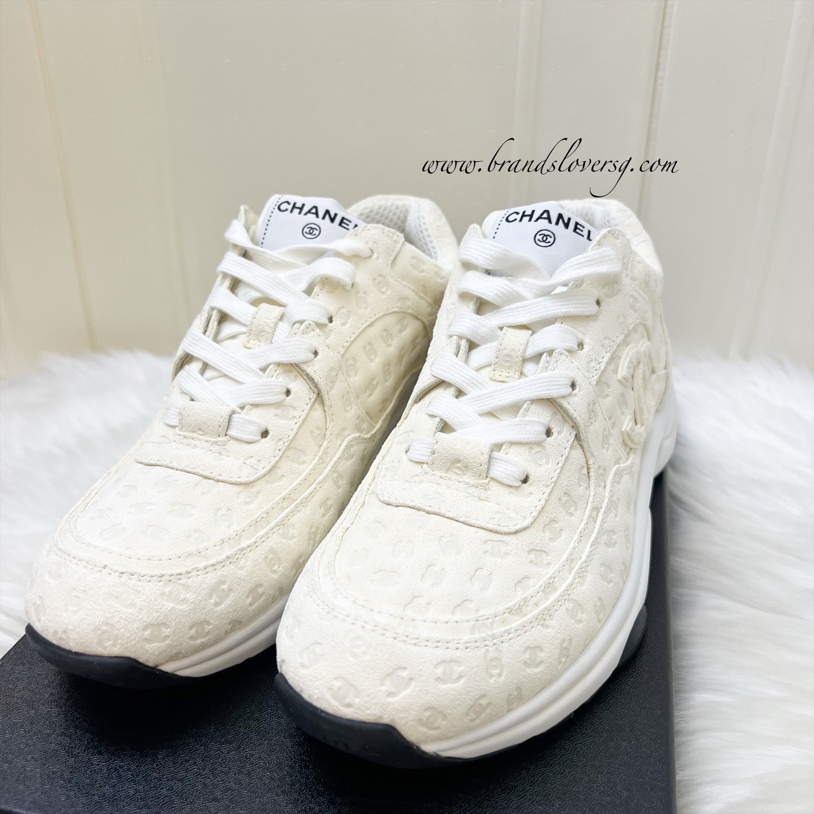 Chanel CC Logo Printed Sneakers in White Sz 38.5 for Women