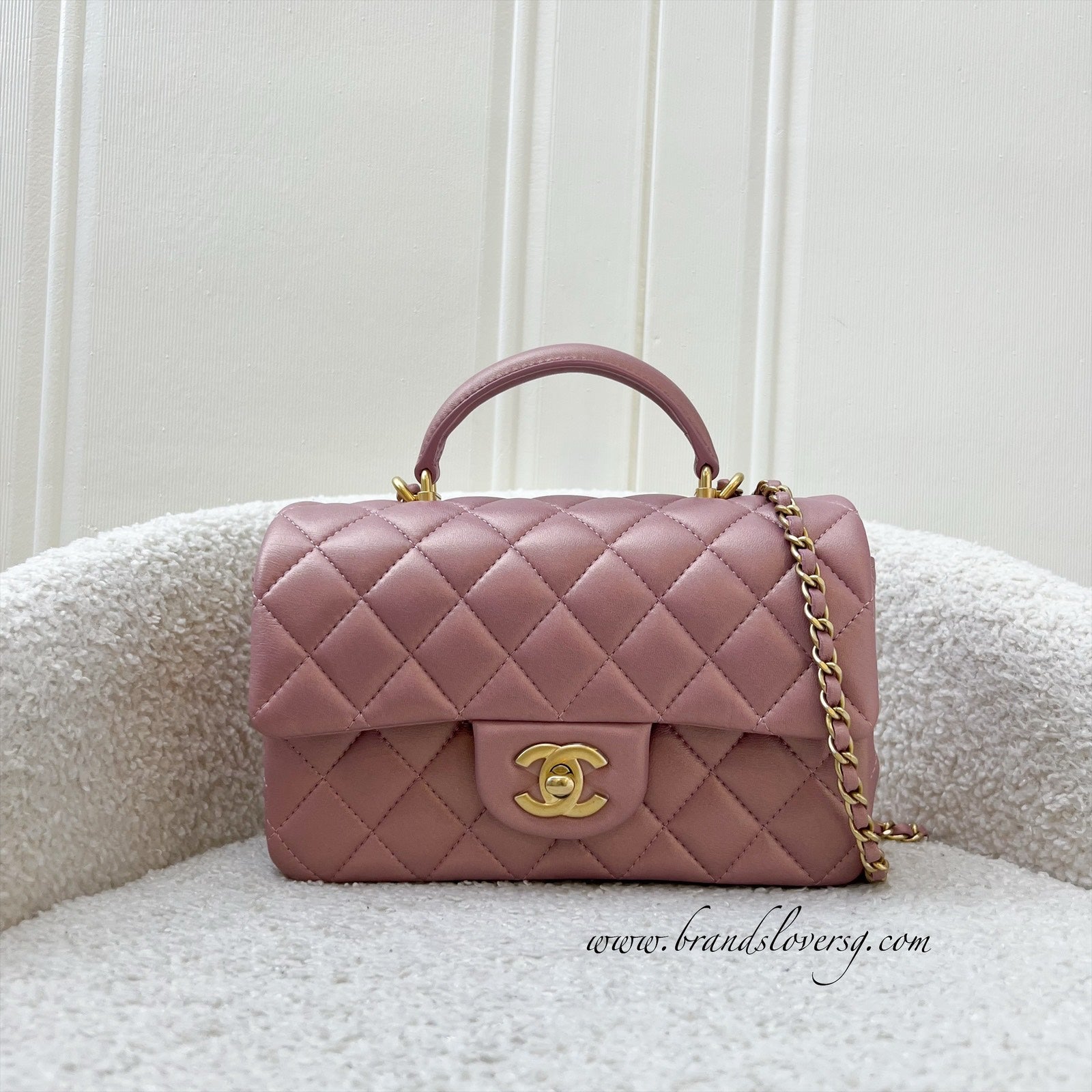Chanel Top Handle Mini Rectangle Flap in Pink Lambskin Aghw Handbag