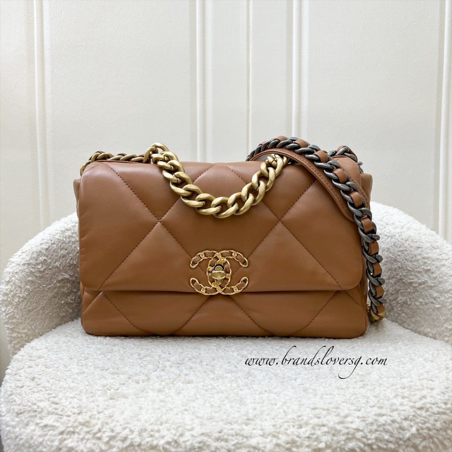 Chanel 19 Small Flap in 22S Caramel Lambskin and 3-tone HW (Model: AS1160)