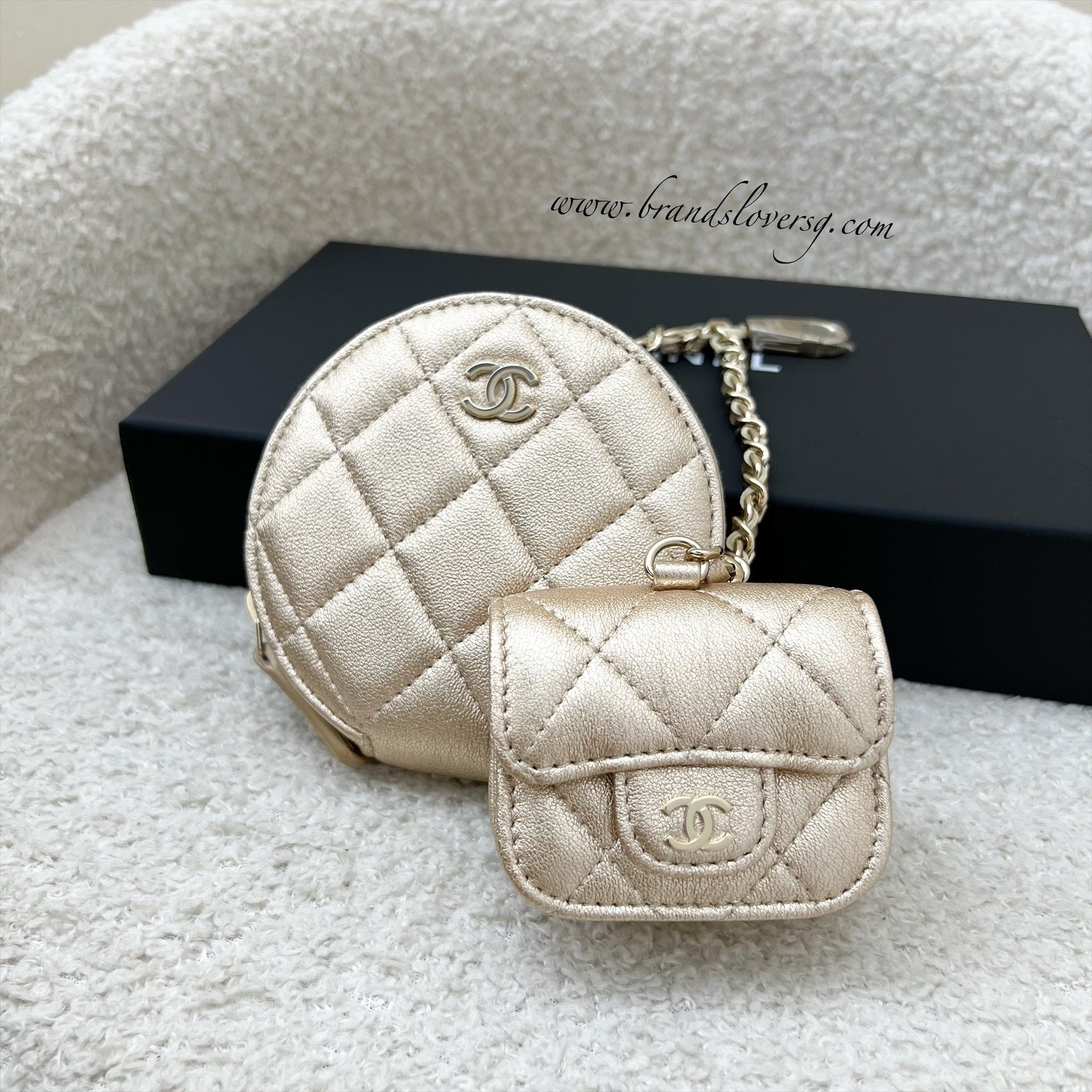 Chanel 2024 Vip Gift Round Pouch And Airpods Holder Bag Charm In Metallic Gold Lambskin And Lghw 3