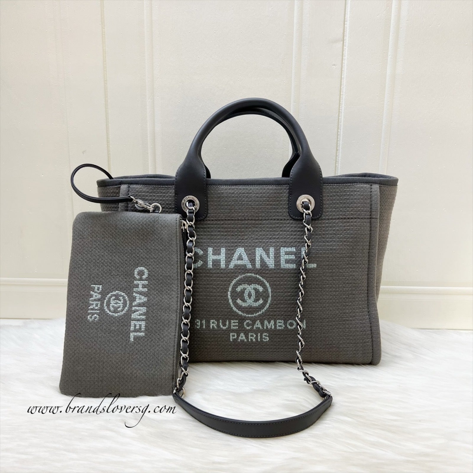 Chanel Small Deauville Shopping Tote In Grey Fabric, Grey Leather And Shw