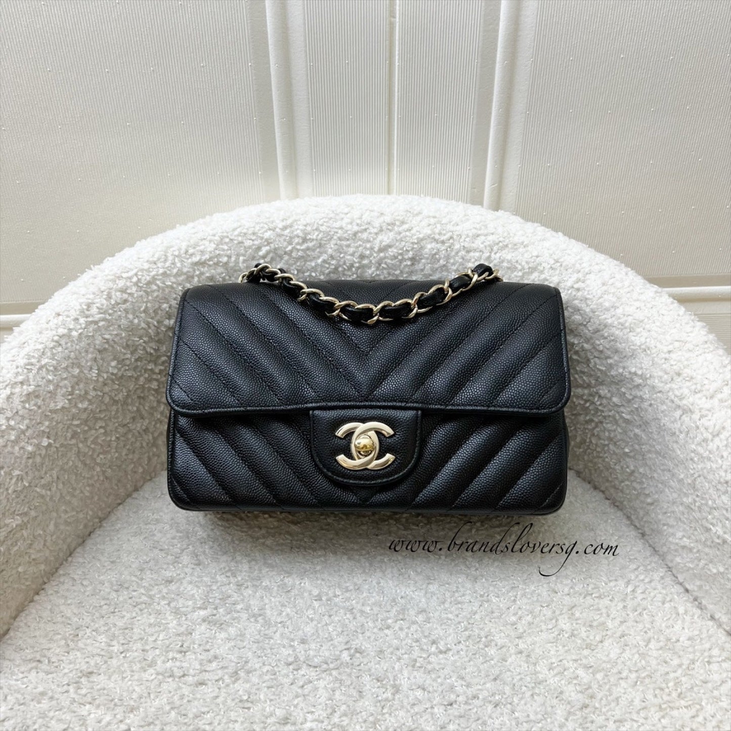 Chanel Classic Mini Rectangle Flap In Chevron Quilted Black Caviar And Lghw Bag