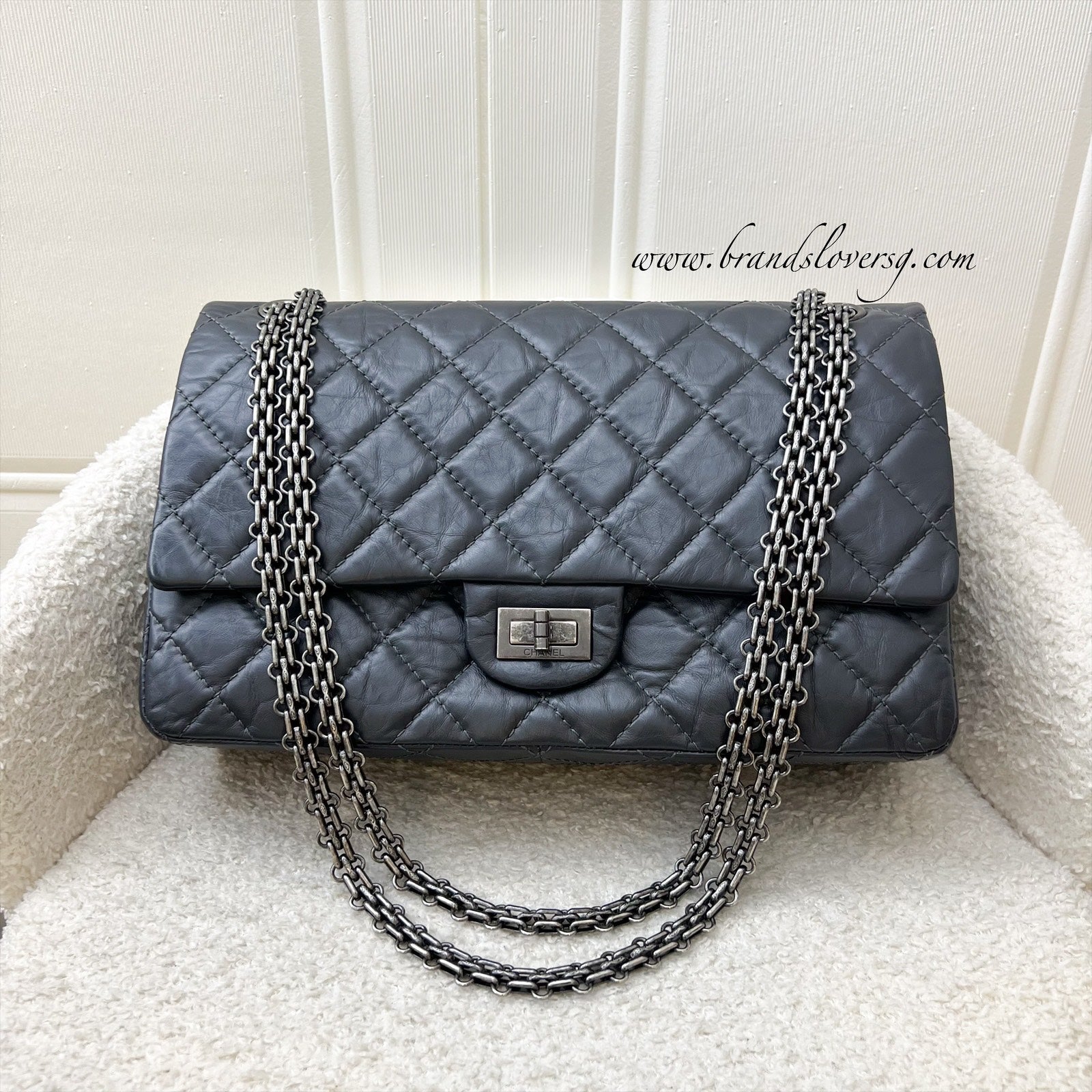 Chanel Large 2.55 Reissue Flap In Charcoal Grey Distressed Calfskin And Rhw Bag