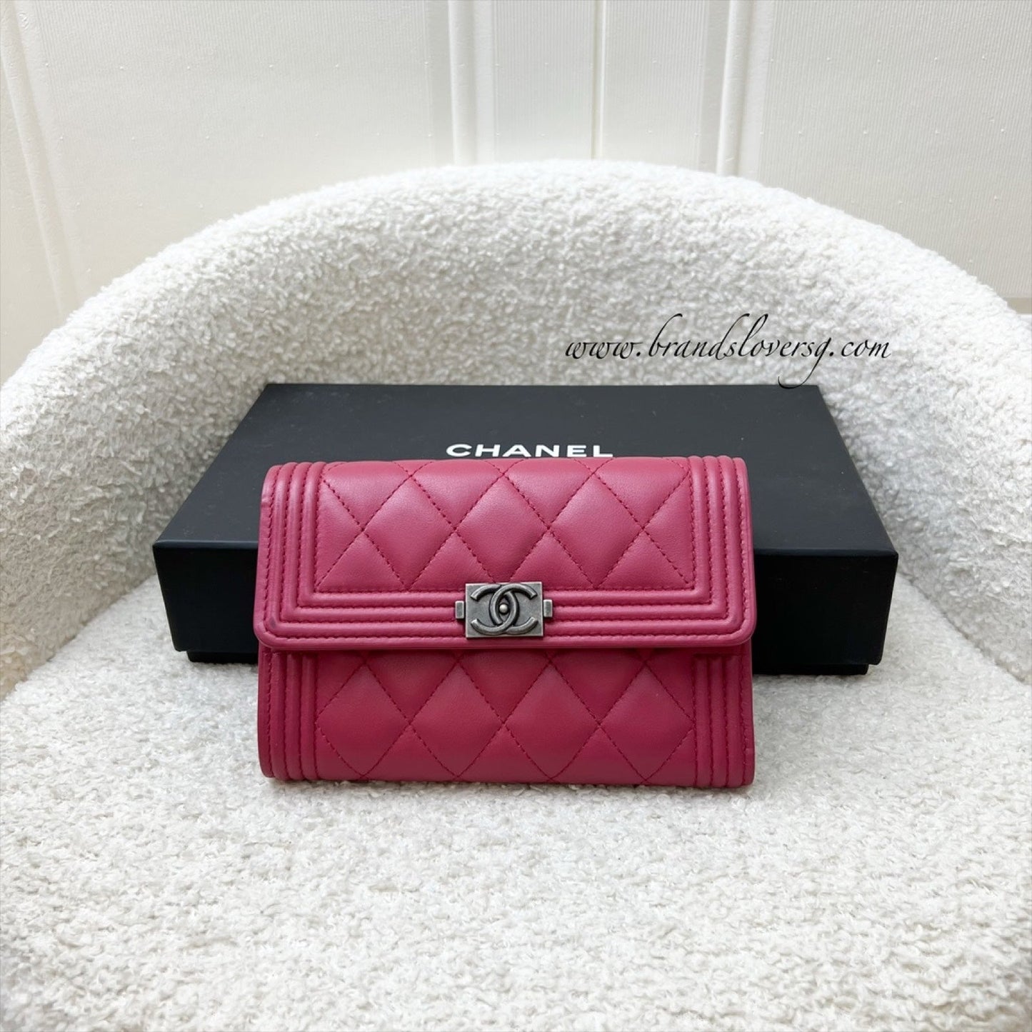 Chanel Boy Mid Length Wallet In Dark Pink Lambskin And Rhw Bag