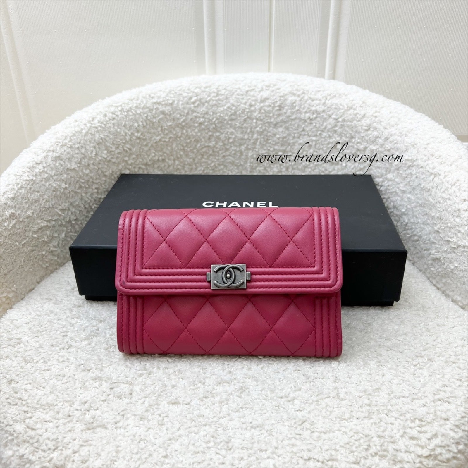 Chanel Boy Mid Length Wallet in Dark Pink Lambskin and Rhw Handbag