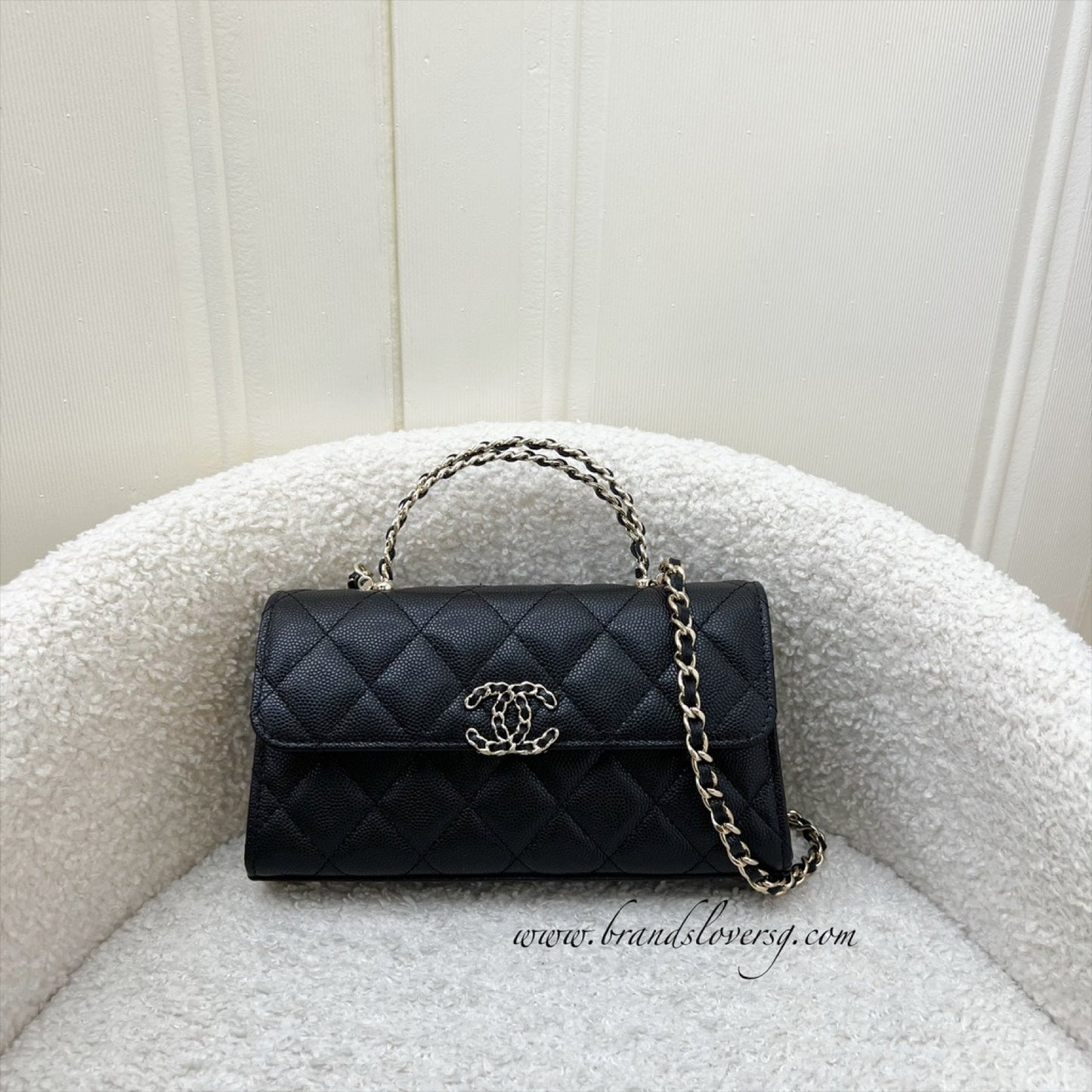 Chanel 25S Top Handle Kelly Clutch with Chain in Black Caviar and Ghw