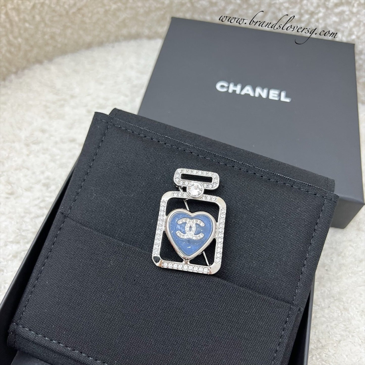 Chanel 25P Perfume Bottle Brooch with Denim Detail and Crystals in Shw