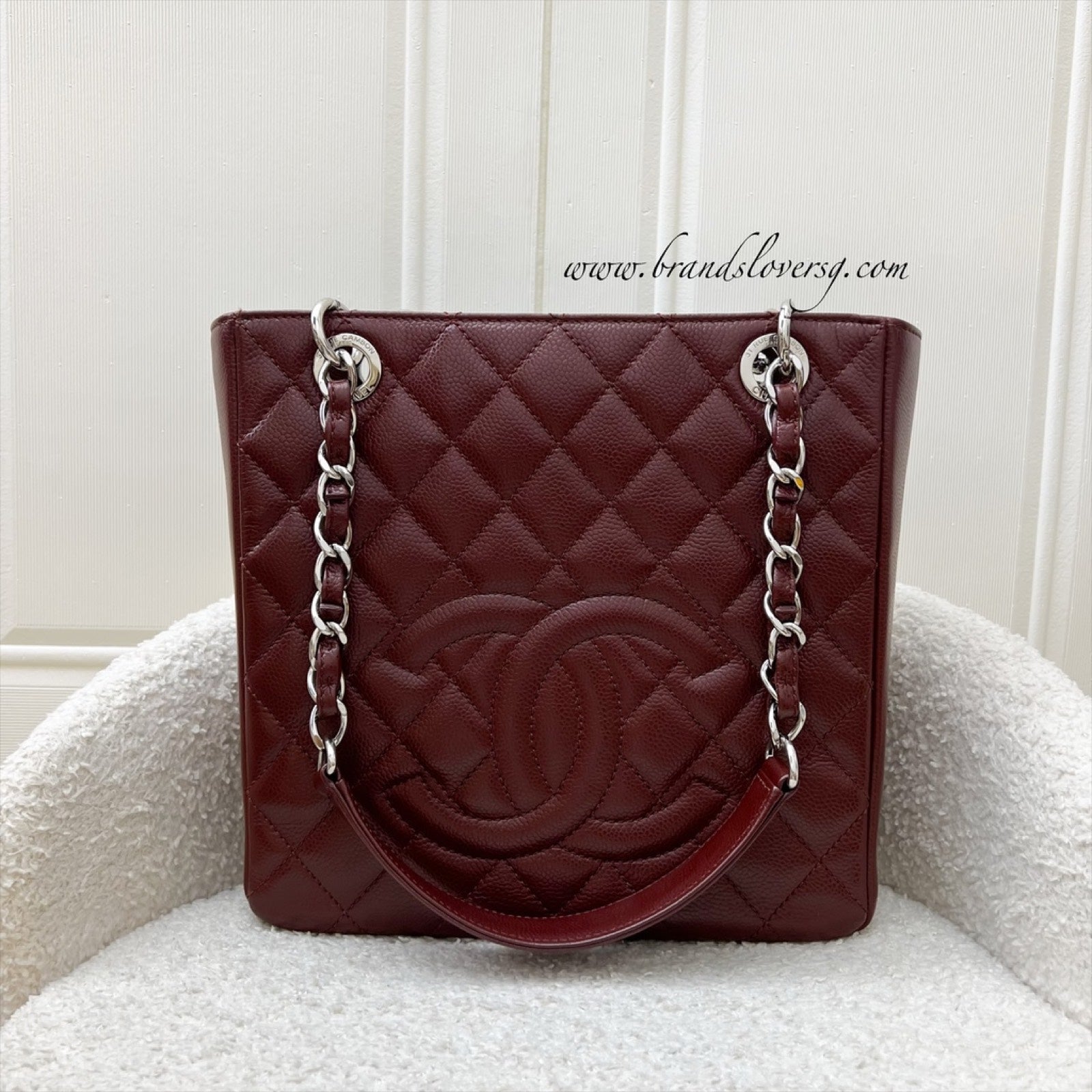 Chanel Petite Shopping Tote Pst In Burgundy Red Caviar And Shw