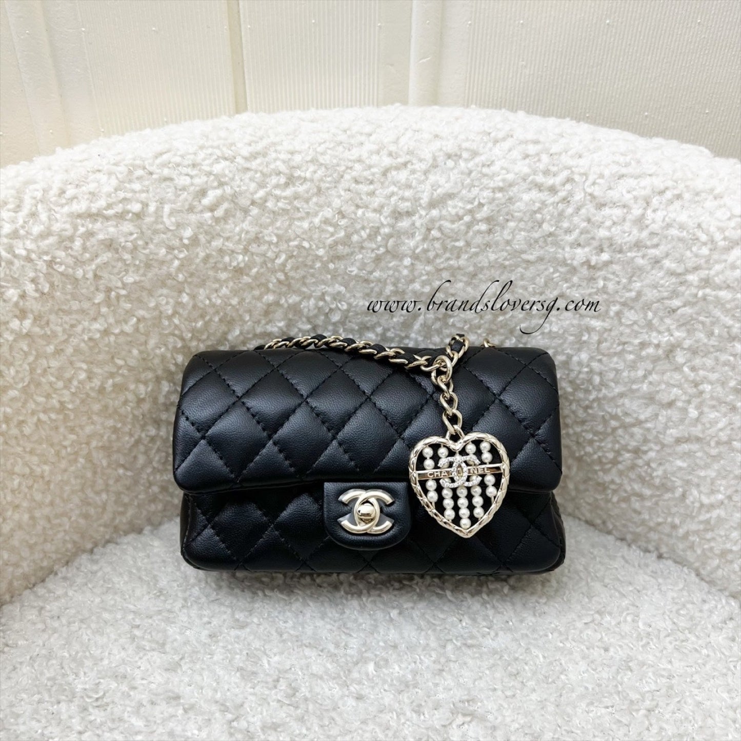 Chanel Classic Mini Bag with Hook Bag Charm with Pearls and Crystals in Black Lambskin and LGHW (Model: AP4760)
