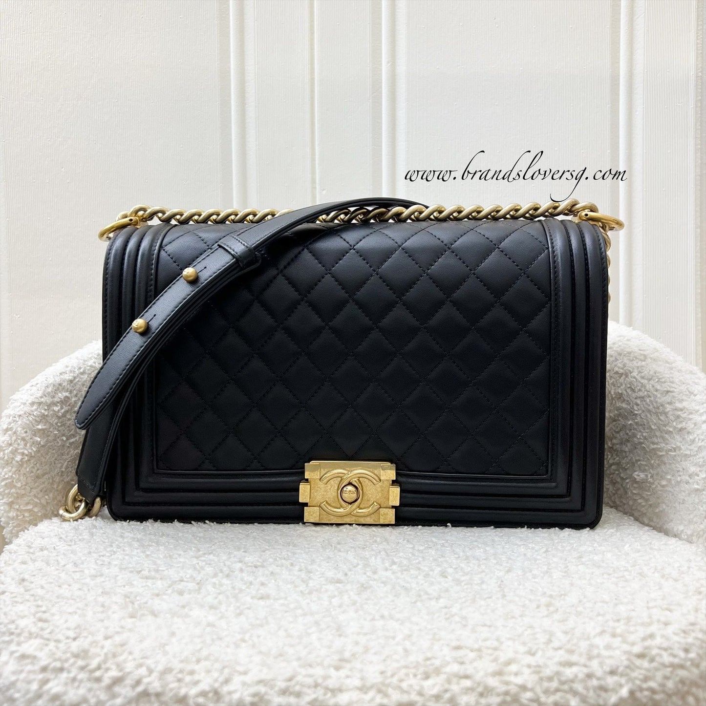 Chanel New Medium Large 28Cm Boy Flap In Black Lambskin And Aghw Bag