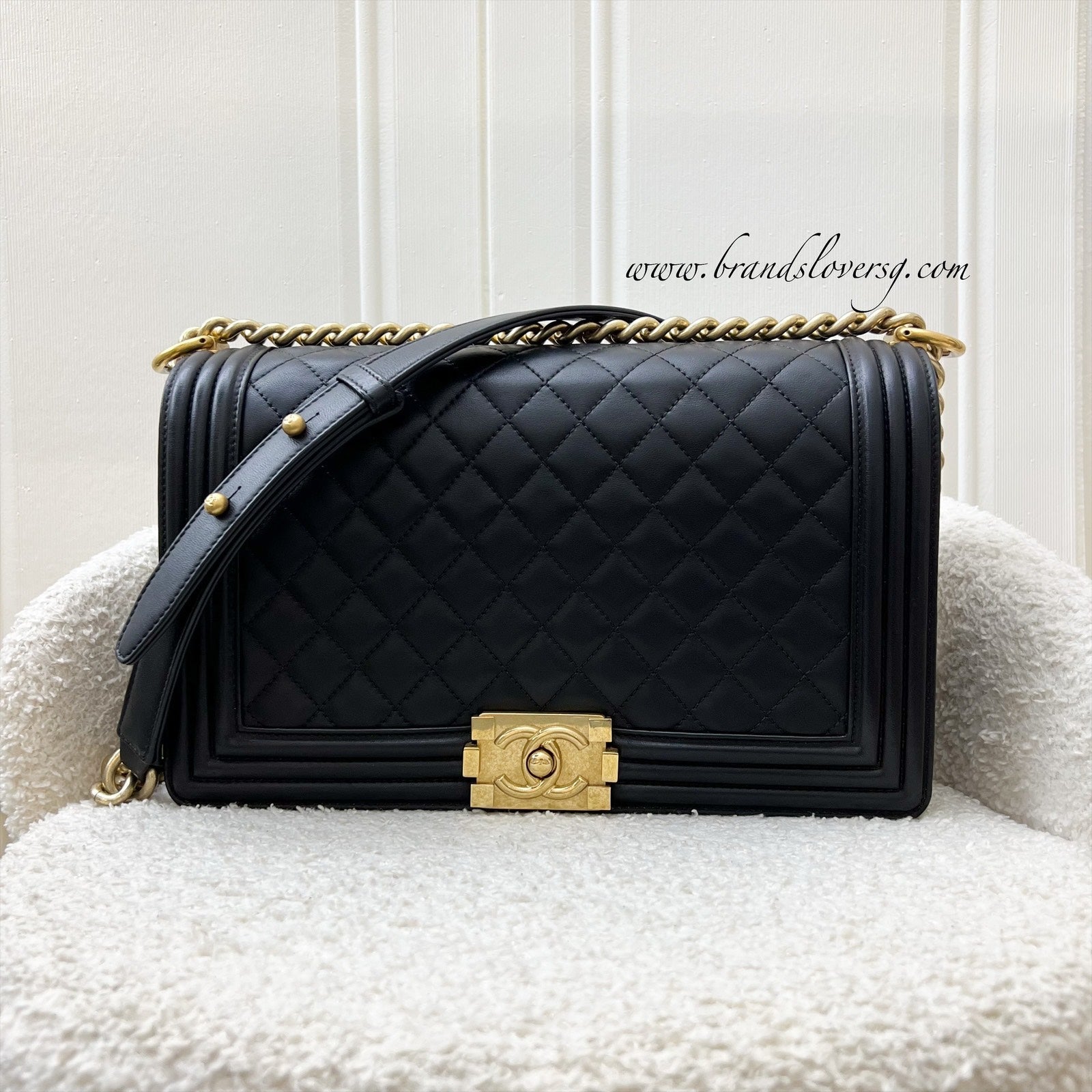 Chanel New Medium Large 28Cm Boy Flap In Black Lambskin And Aghw Bag