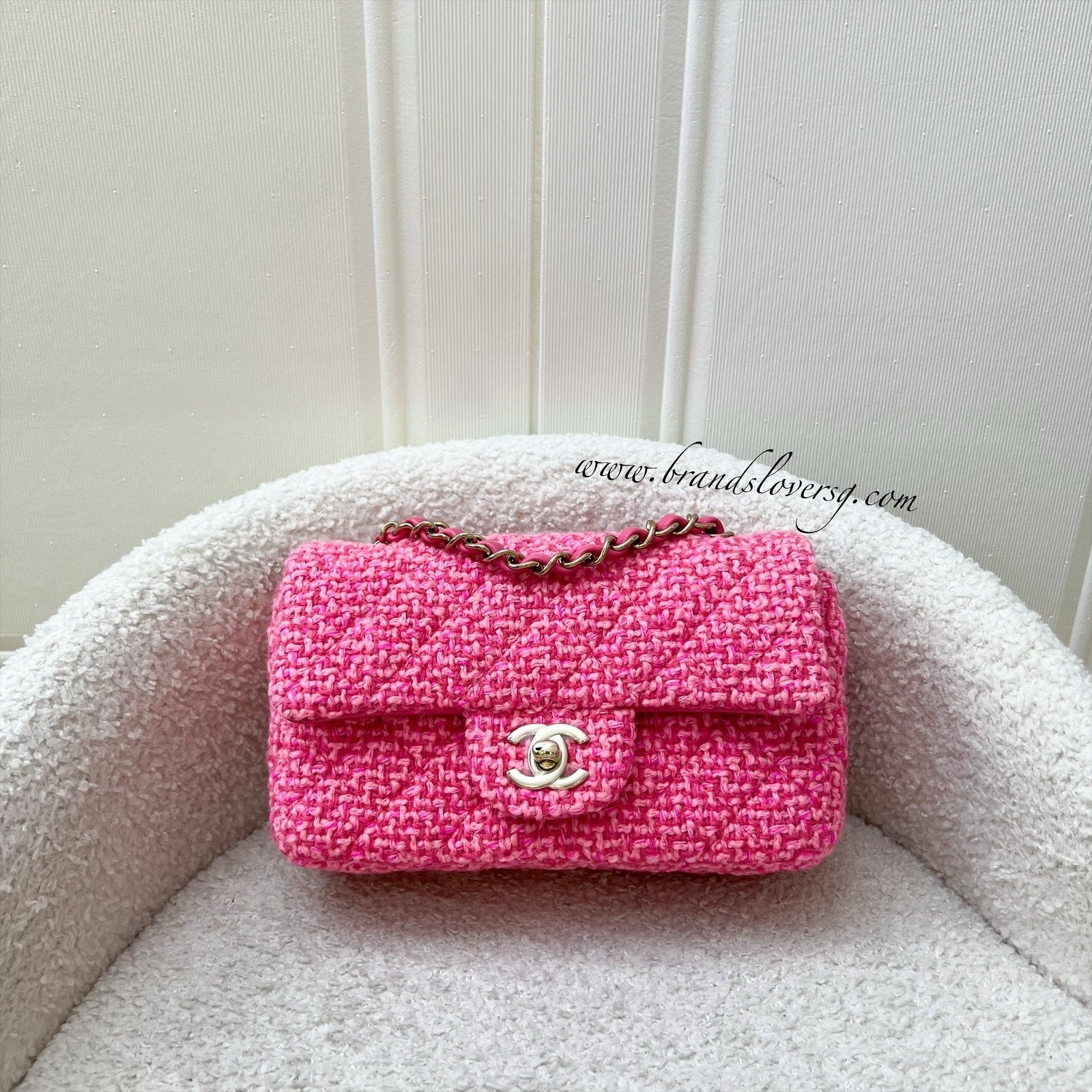 Chanel Classic Mini Rectangle Flap Bag in Pink Tweed and Lghw