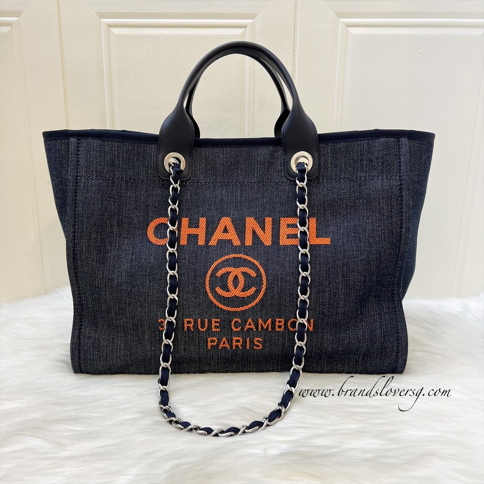 Chanel Medium / Large Deauville Tote in Denim Fabric,navy Leather Trim and Shw ( )