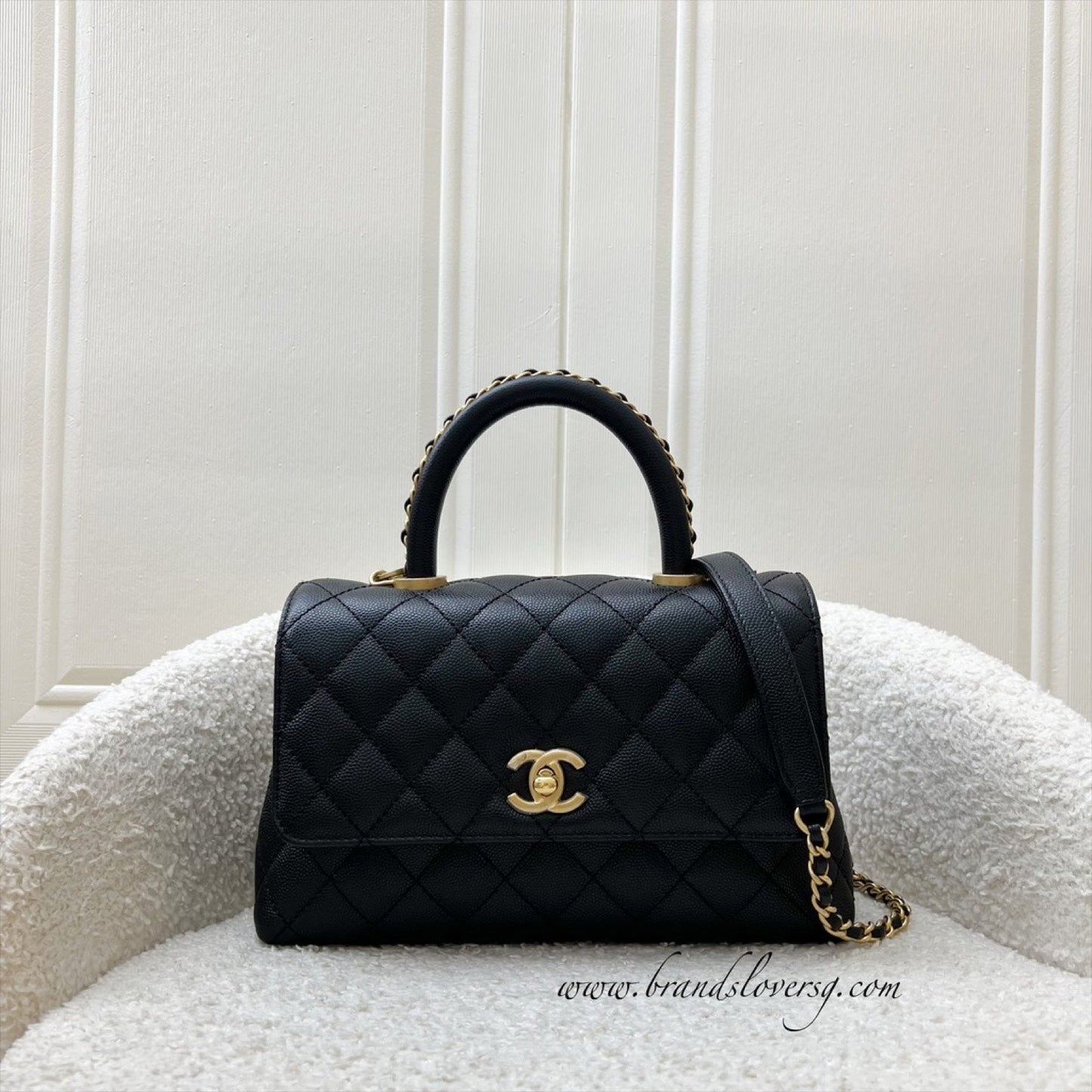 Chanel Small (24CM) Limited Edition Chain Handle Coco Handle Flap in Black Caviar and Aghw ( ) Handbag
