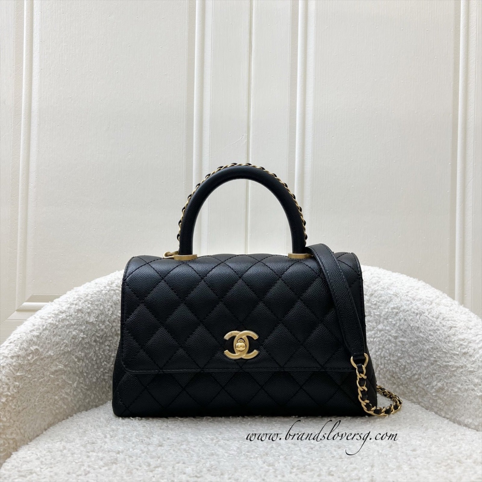 Chanel Small (24CM) Limited Edition Chain Handle Coco Handle Flap in Black Caviar and Aghw ( ) Handbag