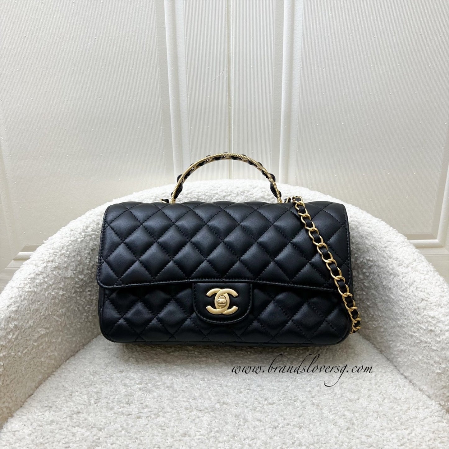 Chanel 23K Small Flap with Top Handle in Black Lambskin and Aghw ( ) Handbag