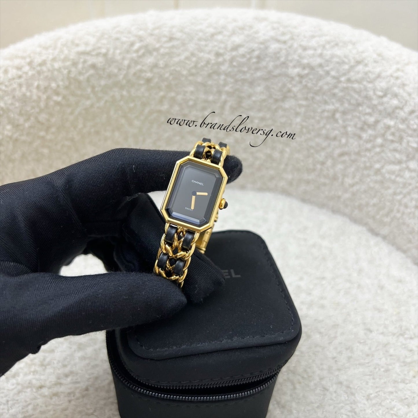 Chanel Premiere Watch In 24K Gold Plated Hw And Black Leather Size M Bag