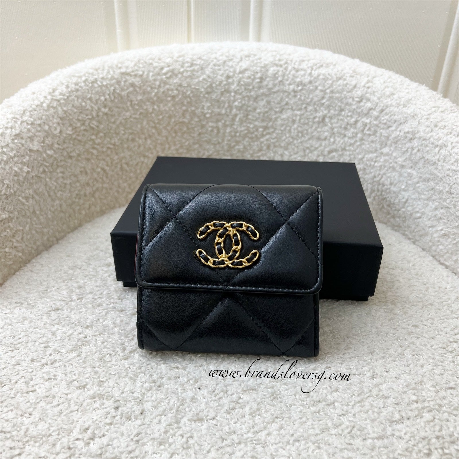 Chanel 19 Compact Trifold Wallet in Black Lambskin and Aghw Handbag