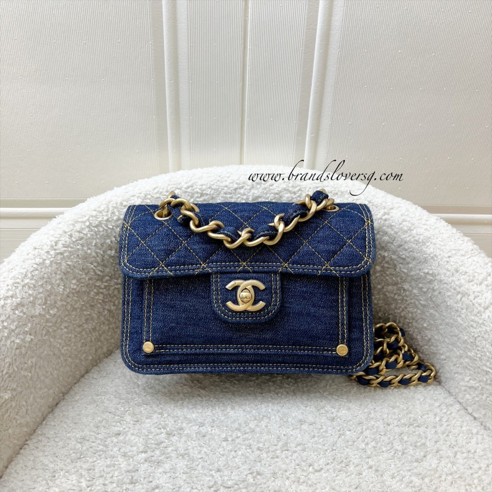 Chanel 23S Chain Handle Mini Flap In Dark Blue Denim And Aghw ( ) Bag