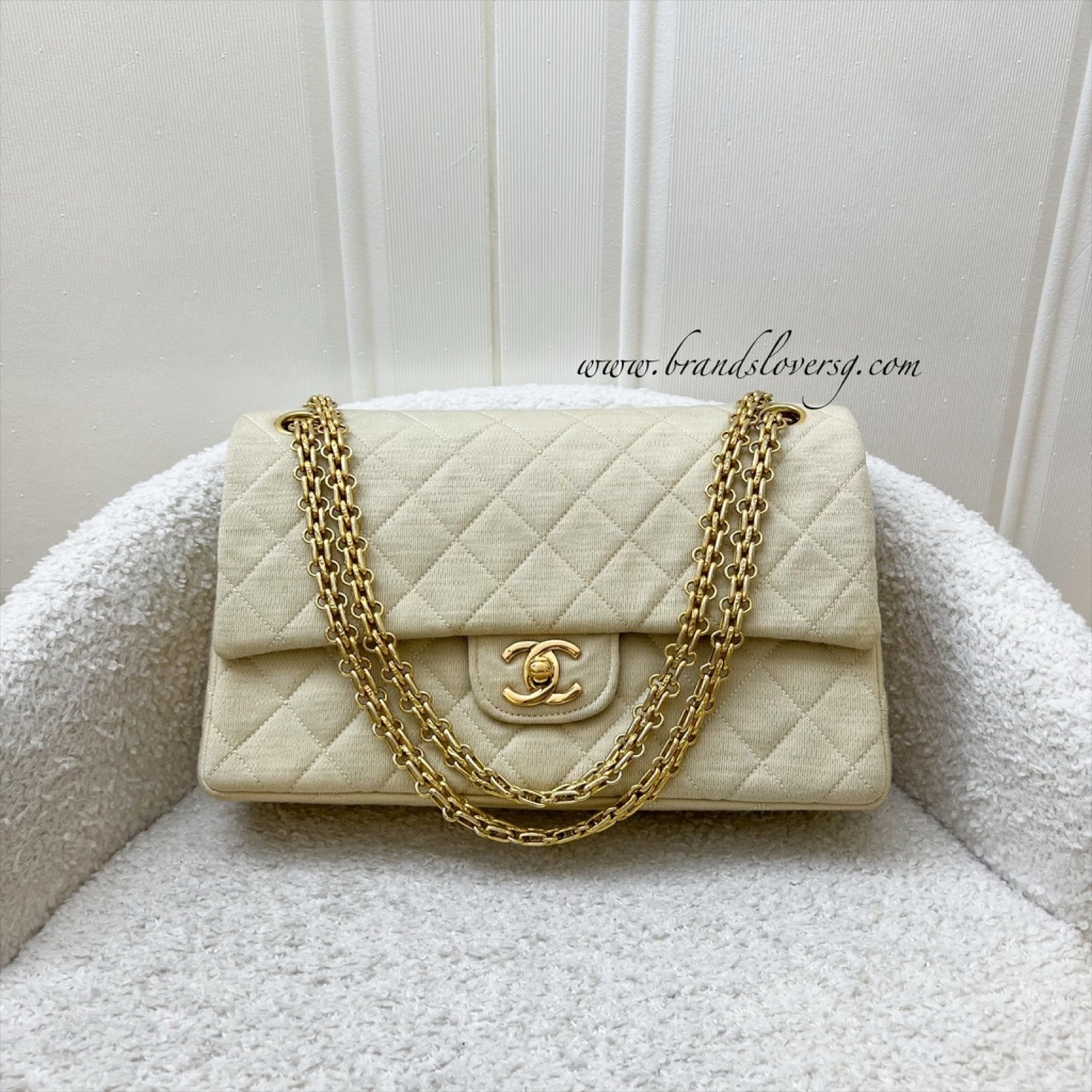 Chanel Small / Medium Flap With Bijoux Chain In Oatmeal Beige Jersey And 24K Ghw Bag