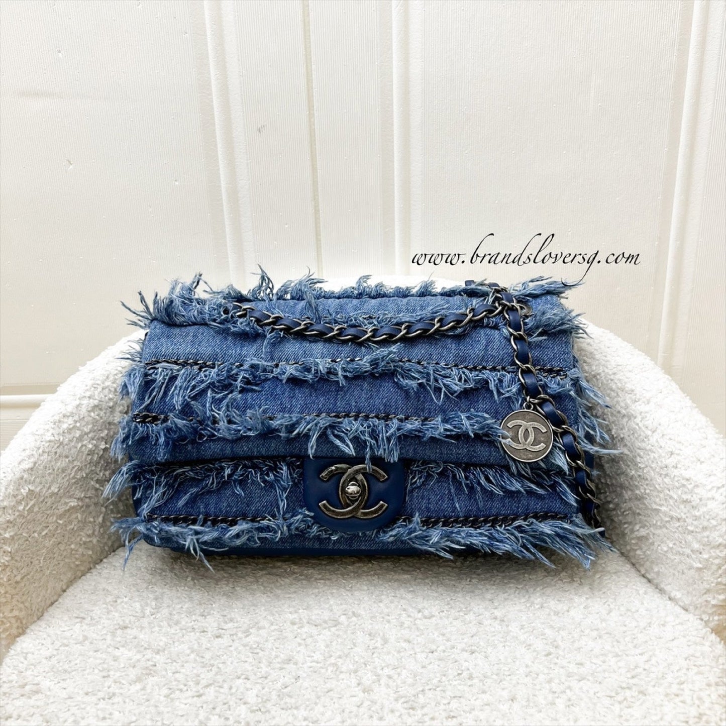Chanel 15C Flap Bag With Fringe In Blue Denim, Calfskin And Shw (model: A92708)