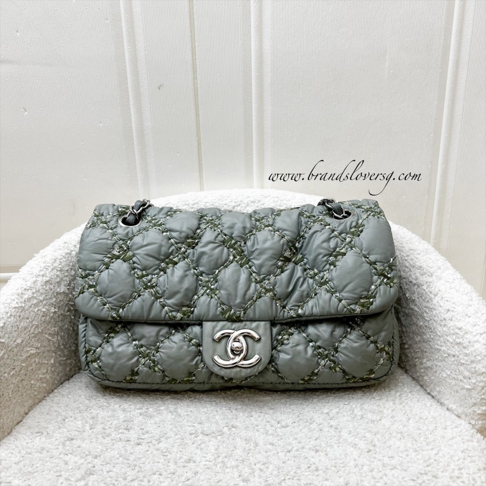 Chanel Tweed On Stitch Bubble Accordion Flap In Greenish Grey Nylon And Shw Bag