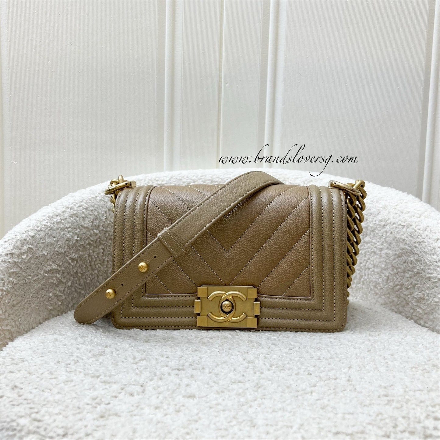 Chanel Small 20Cm Boy Flap In Chevron Quilted Beige Caviar And Aghw Bag
