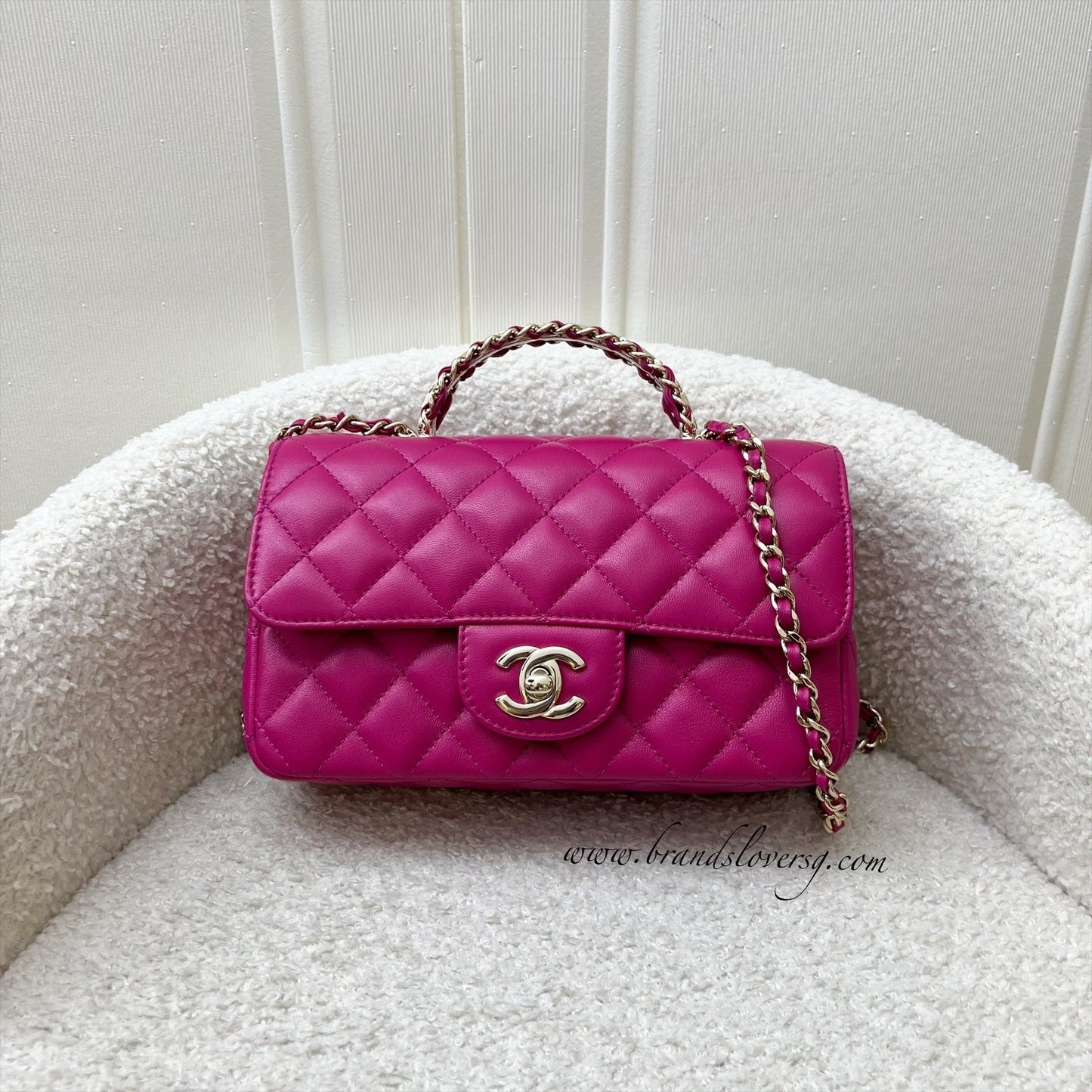 Chanel 23A Mini Rectangle Flap with Crystals Top Handle in Hot Pink Lambskin and Lghw ( ) Handbag