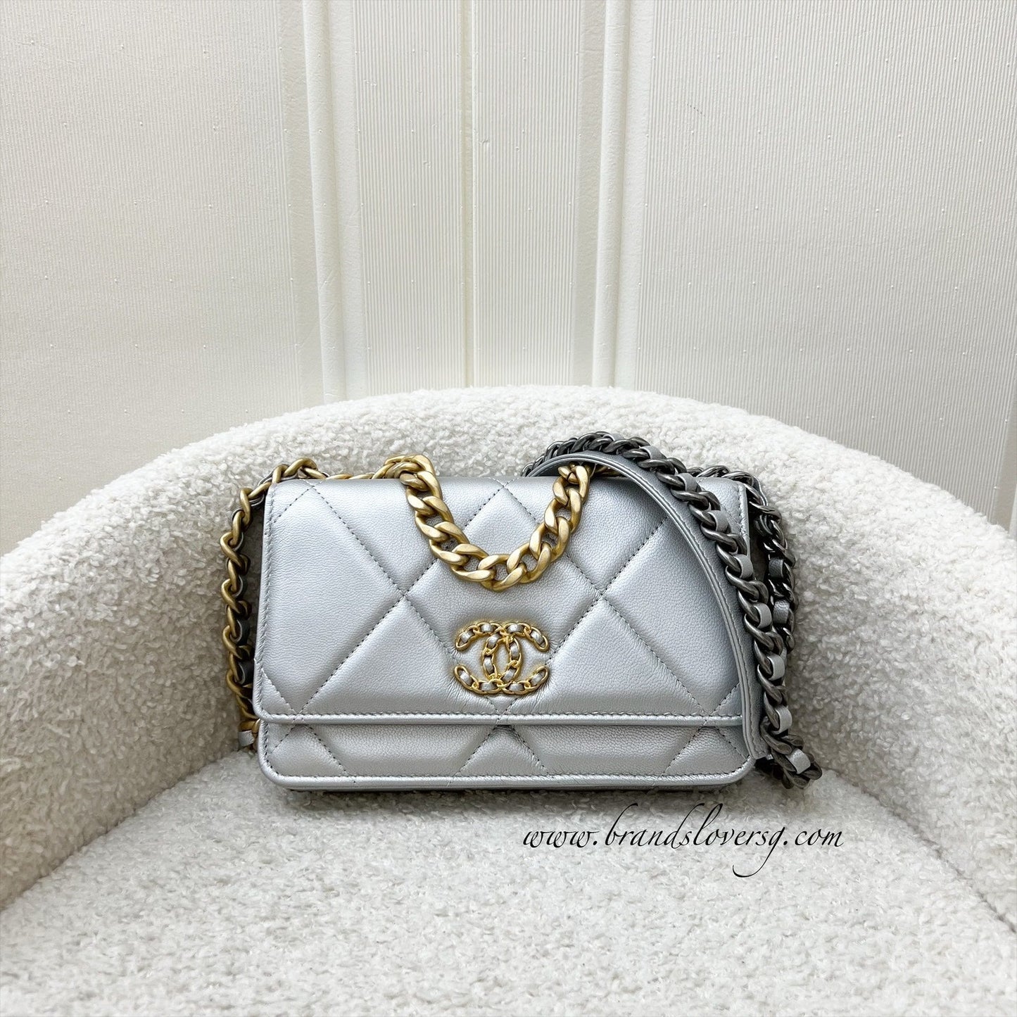 Chanel 19 Wallet On Chain Woc In Silver Lambskin And 3-Tone Hw ( ) Bag