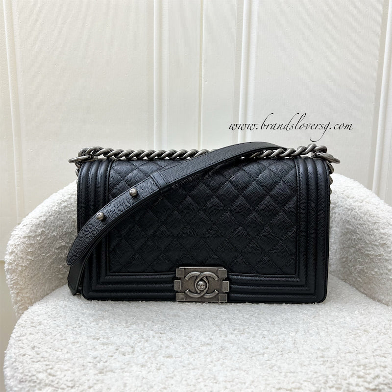 Chanel Medium 25CM Boy Flap in Black Caviar and Rhw Handbag