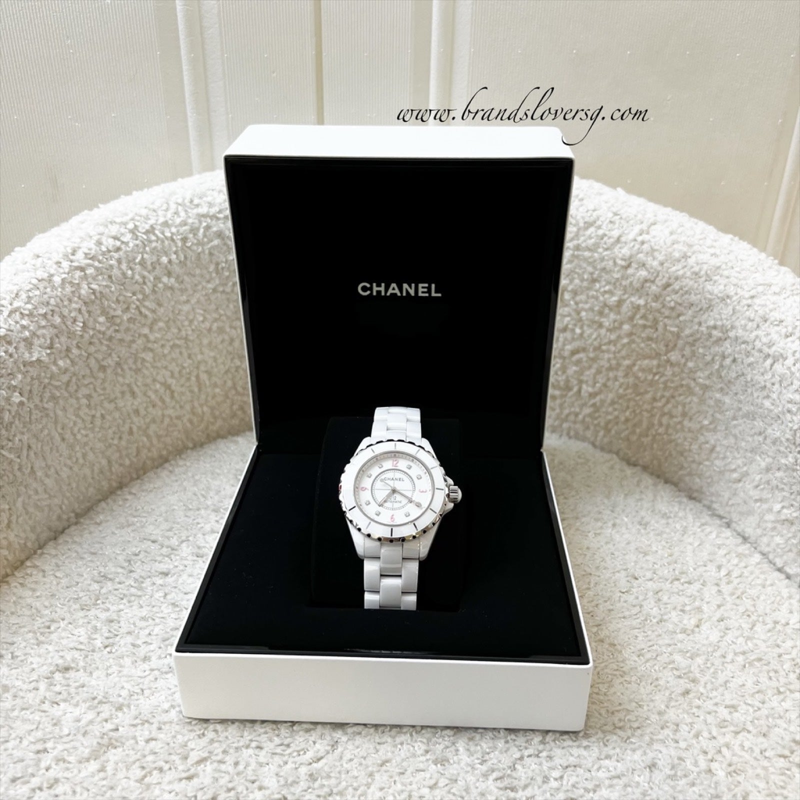 Chanel [Serviced For $ In Feb ] Limited Edition "Pink Light" J12 Watch 38Mm Automatic Movement With 8 Diamonds In White Ceramic Bracelet And Steel ( )