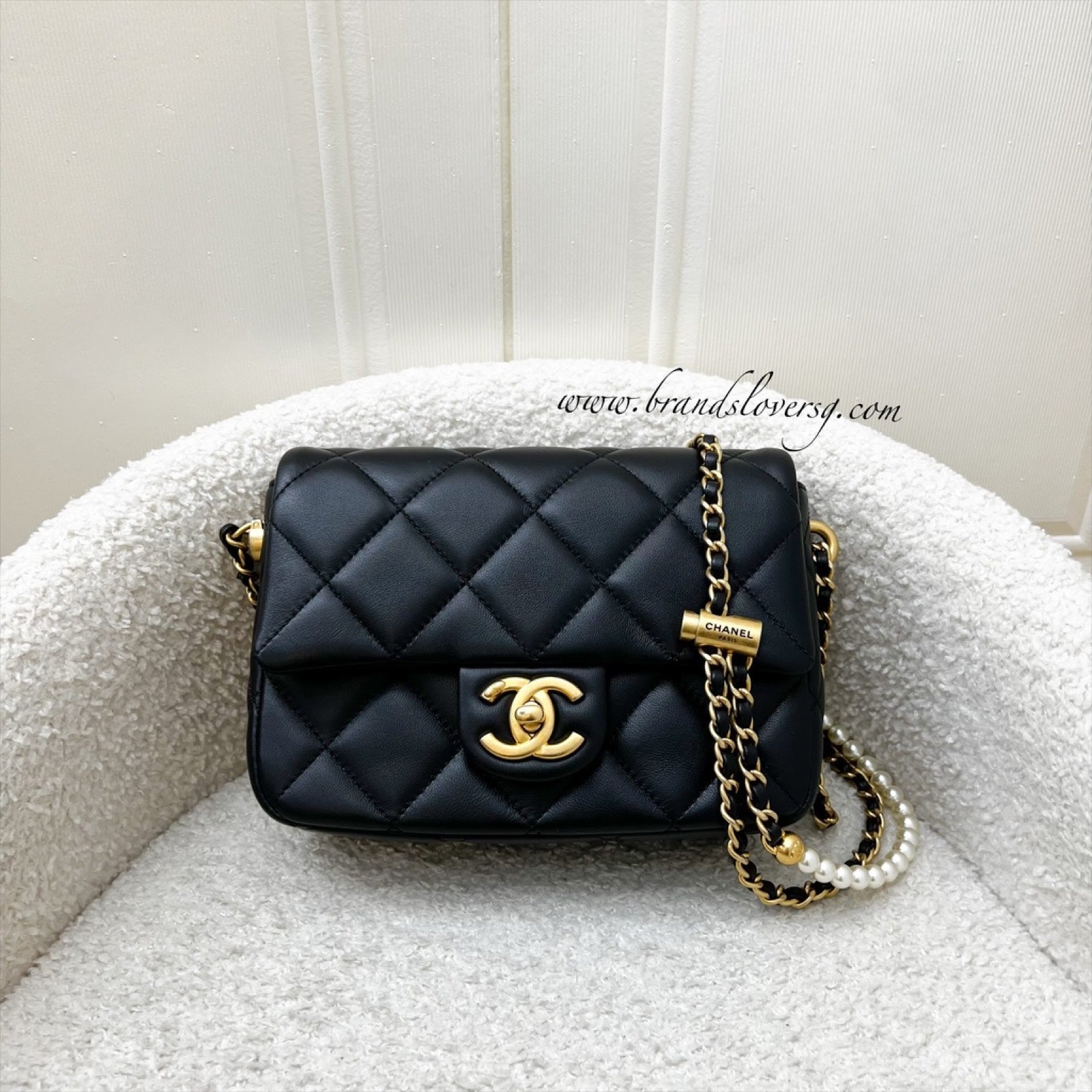 Chanel Perfect Mini Flap Bag With Pearls And Adjustable Chain In Black Lambskin And Aghw