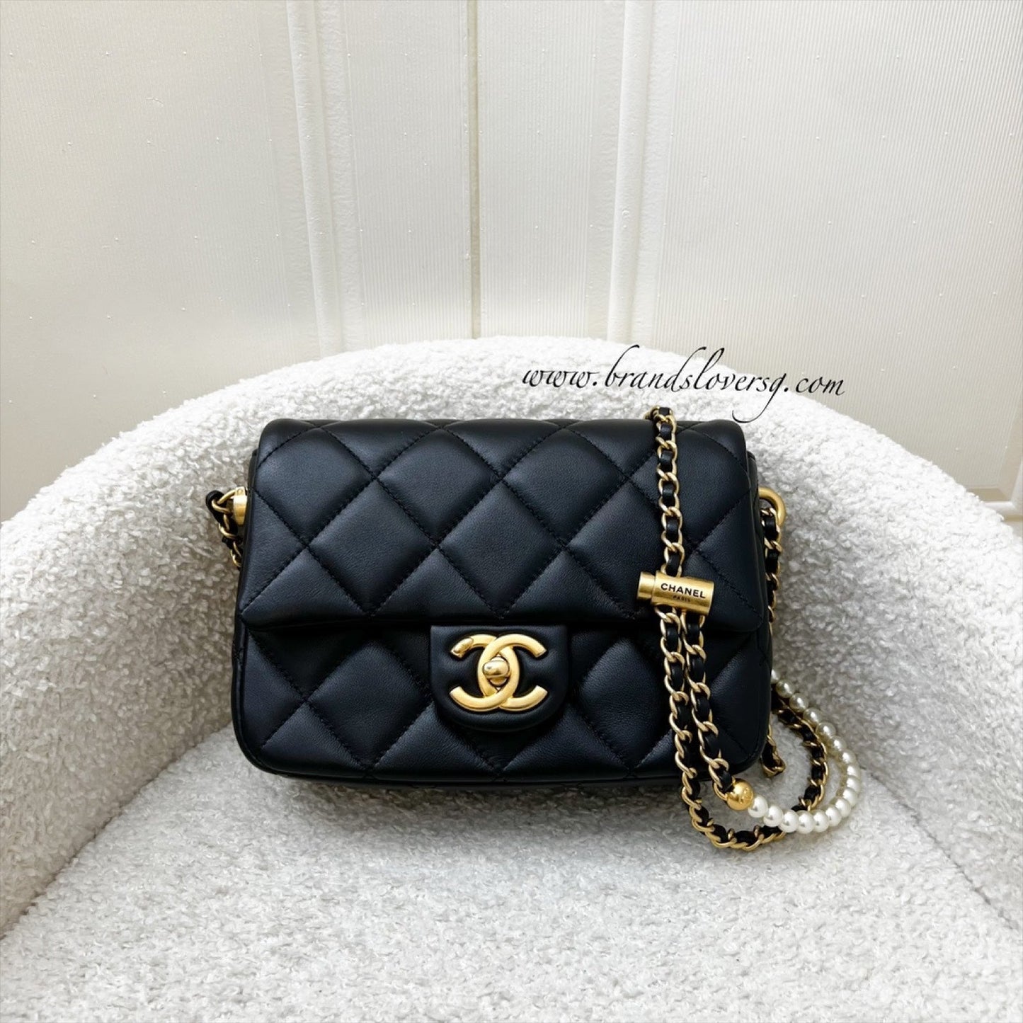 Chanel Perfect Mini Flap Bag with Pearls and Adjustable Chain in Black Lambskin and Aghw