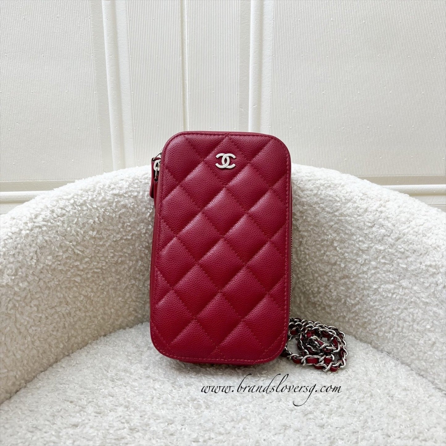 Chanel Vertical Phone Holder / Clutch On Chain In Red Caviar And Shw (model: A70655)