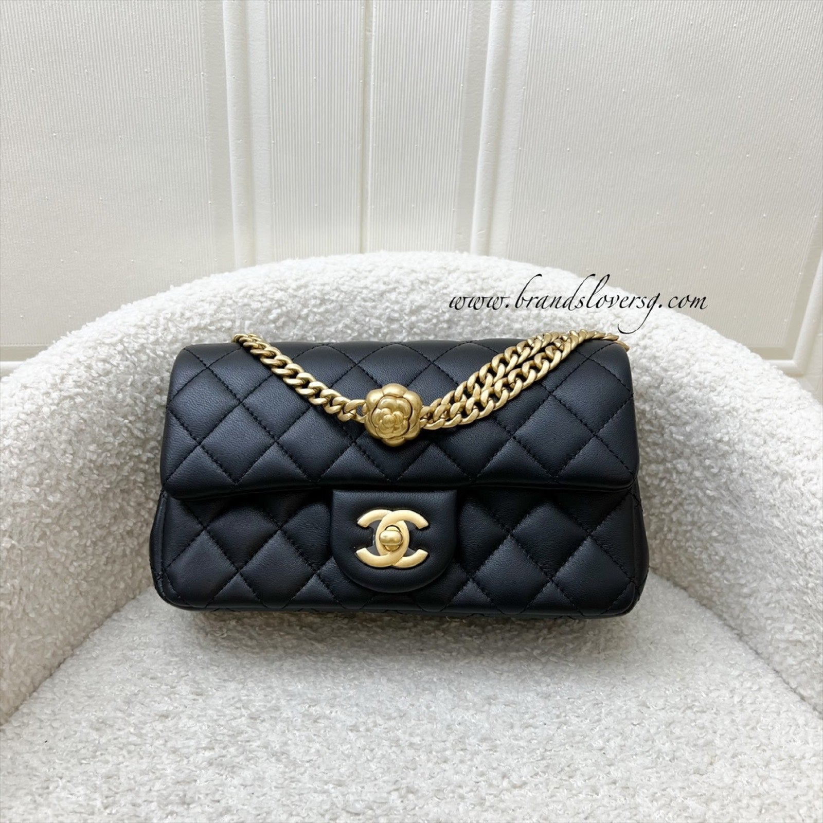 Chanel Mini Rectangular Flap Bag with Camellia Flower Adjustable Chain in Black Stiff Lambskin and Aghw ( )