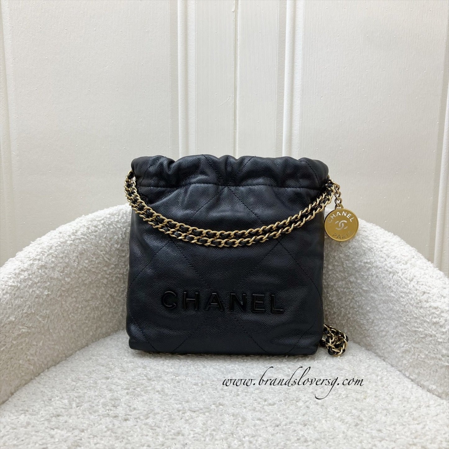Chanel 22 Mini Hobo Handbag in 23K Black Shiny Caviar and Aghw