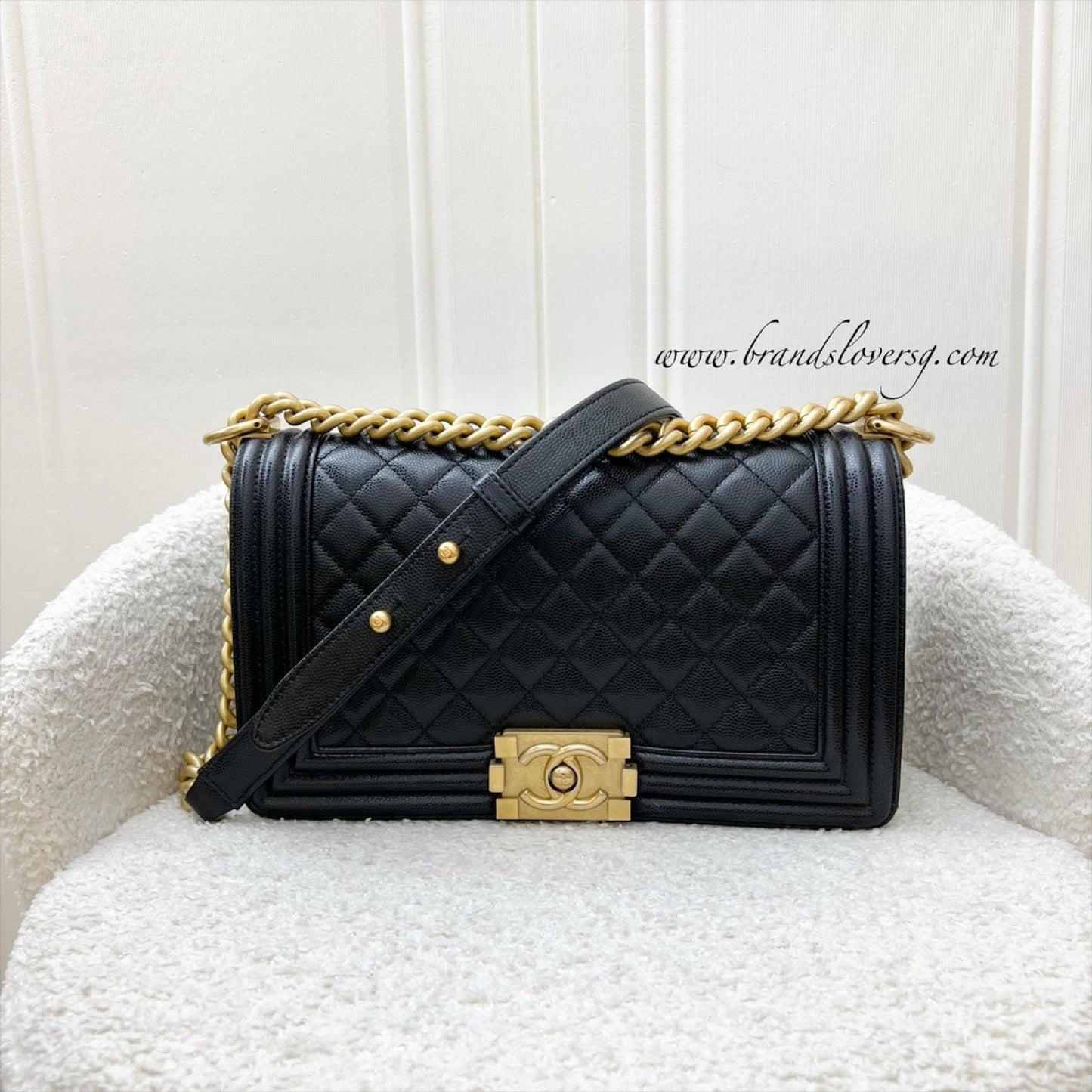 Chanel Medium 25Cm Boy Flap In Black Caviar And Aghw Bag